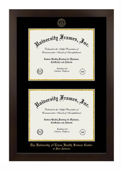 University of Texas Health Science Center at San Antonio Double Degree (Stacked) Frame in Manhattan Espresso with Black & Gold Mats for document: 8 1/2"h x 11"w  , document: 8 1/2"h x 11"w  