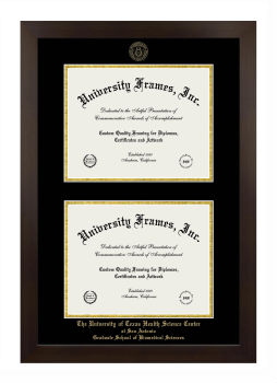University of Texas Health Science Center at San Antonio Graduate School of Biomedical Sciences Double Degree (Stacked) Frame in Manhattan Espresso with Black & Gold Mats for document: 8 1/2"h x 11"w  , document: 8 1/2"h x 11"w  