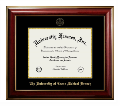 The University of Texas Medical Branch Diploma Frame in Classic Mahogany with Gold Trim with Black & Gold Mats for DOCUMENT: 8 1/2"H X 11"W  