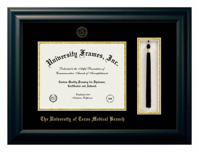 The University of Texas Medical Branch Diploma with Tassel Box Frame in Satin Black with Black & Gold Mats for  8 1/2"h x 11"w  