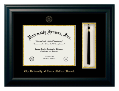 The University of Texas Medical Branch Diploma with Tassel Box Frame in Satin Black with Black & Gold Mats for DOCUMENT: 8 1/2"H X 11"W  