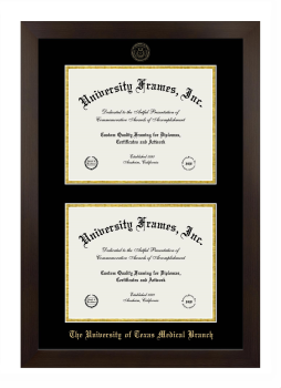 The University of Texas Medical Branch Double Degree (Stacked) Frame in Manhattan Espresso with Black & Gold Mats for document: 8 1/2"h x 11"w  , document: 8 1/2"h x 11"w  