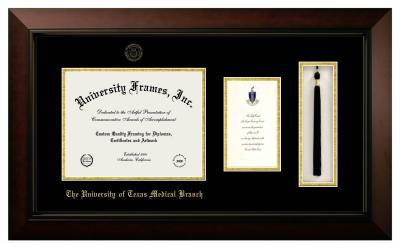 The University of Texas Medical Branch Diploma with Announcement & Tassel Box Frame in Legacy Black Cherry with Black & Gold Mats for  8 1/2"h x 11"w  , diploma: 7"h x 4"w  