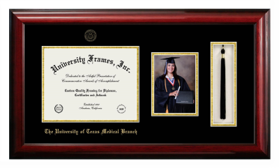 The University of Texas Medical Branch Diploma with 5 x 7 Portrait & Tassel Box Frame in Classic Mahogany with Black & Gold Mats for  8 1/2"h x 11"w  