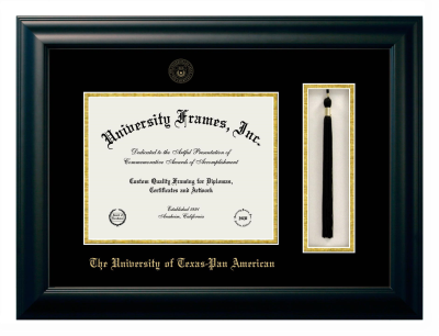 University of Texas-Pan American Diploma with Tassel Box Frame in Satin Black with Black & Gold Mats for document: 8 1/2"h x 11"w  