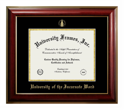 University of the Incarnate Word Diploma Frame in Classic Mahogany with Gold Trim with Black & Gold Mats for document: 8 1/2"h x 11"w  