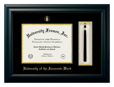 University of the Incarnate Word Diploma with Tassel Box Frame in Satin Black with Black & Gold Mats for document: 8 1/2"h x 11"w  