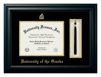 University of the Ozarks Diploma with Tassel Box Frame in Satin Black with Black & Gold Mats for DOCUMENT: 8 1/2"H X 11"W  