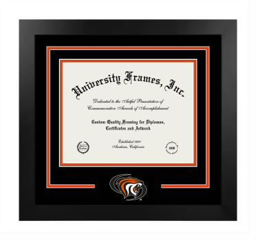 University of the Pacific Logo Mat Frame in Manhattan Black with Black & Orange Mats for DOCUMENT: 8 1/2"H X 11"W  
