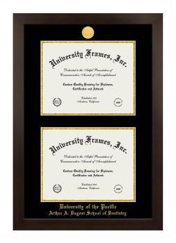 University of the Pacific Arthur A. Dugoni School of Dentistry Double Degree (Stacked) Frame in Manhattan Espresso with Black & Gold Mats for document: 8 1/2"h x 11"w  , document: 8 1/2"h x 11"w  