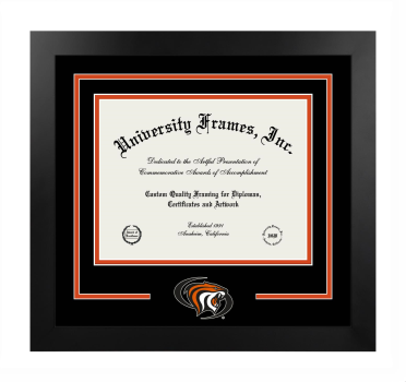 University of the Pacific School of Pharmacy Logo Mat Frame in Manhattan Black with Black & Orange Mats for document: 8 1/2"h x 11"w  