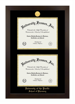 University of the Pacific School of Pharmacy Double Degree (Stacked) Frame in Manhattan Espresso with Black & Gold Mats for document: 8 1/2"h x 11"w  , document: 8 1/2"h x 11"w  