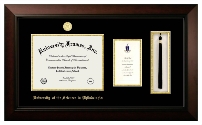 University of the Sciences in Philadelphia Diploma with Announcement & Tassel Box Frame in Legacy Black Cherry with Black & Gold Mats for document: 8 1/2"h x 11"w  , diploma: 7"h x 4"w  