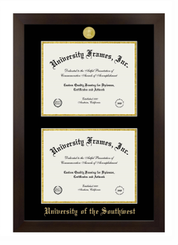 University of the Southwest Double Degree (Stacked) Frame in Manhattan Espresso with Black & Gold Mats for document: 8 1/2"h x 11"w  , document: 8 1/2"h x 11"w  