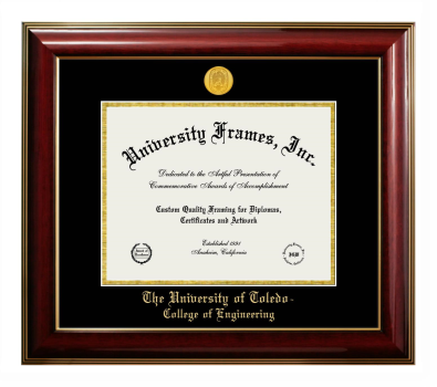 University of Toledo College of Engineering Diploma Frame in Classic Mahogany with Gold Trim with Black & Gold Mats for document: 8 1/2"h x 11"w  