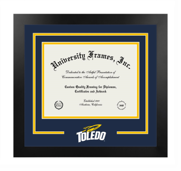 University of Toledo College of Engineering Logo Mat Frame in Manhattan Black with Navy Blue & Amber Mats for document: 8 1/2"h x 11"w  