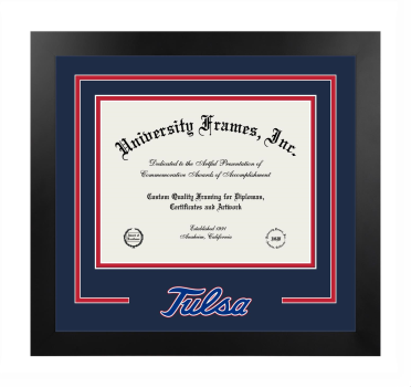 University of Tulsa Logo Mat Frame in Manhattan Black with Navy Blue & Red Mats for document: 8 1/2"h x 11"w  