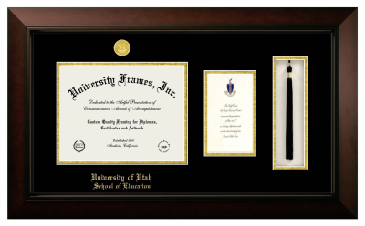 University of Utah School of Education Diploma with Announcement & Tassel Box Frame in Legacy Black Cherry with Black & Gold Mats for document: 8 1/2"h x 11"w  , diploma: 7"h x 4"w  