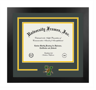 University of Vermont Logo Mat Frame in Manhattan Black with Forest Green & Amber Mats for DOCUMENT: 8 1/2"H X 11"W  