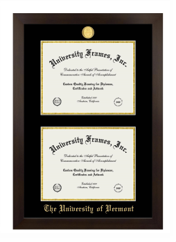 University of Vermont Double Degree (Stacked) Frame in Manhattan Espresso with Black & Gold Mats for document: 8 1/2"h x 11"w  , document: 8 1/2"h x 11"w  