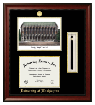 University of Washington Double Opening with Campus Image & Tassel Box (Stacked) Frame in Avalon Mahogany with Black & Gold Mats for DOCUMENT: 8 1/2"H X 11"W  