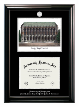 University of Washington Daniel J. Evans School of Public Policy & Governance Double Opening with Campus Image (Stacked) Frame in Classic Ebony with Silver Trim with Black & Silver Mats for document: 8 1/2"h x 11"w  
