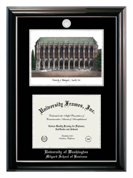 University of Washington Milgard School of Business Double Opening with Campus Image (Stacked) Frame in Classic Ebony with Silver Trim with Black & Silver Mats for document: 8 1/2"h x 11"w  