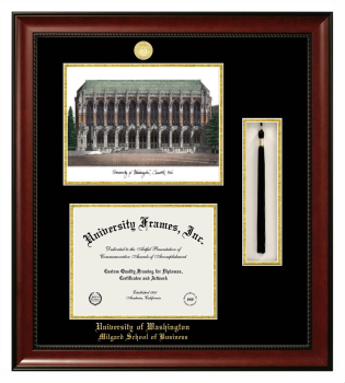 University of Washington Milgard School of Business Double Opening with Campus Image & Tassel Box (Stacked) Frame in Avalon Mahogany with Black & Gold Mats for document: 8 1/2"h x 11"w  