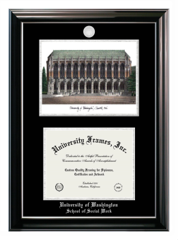 University of Washington School of Social Work Double Opening with Campus Image (Stacked) Frame in Classic Ebony with Silver Trim with Black & Silver Mats for document: 8 1/2"h x 11"w  