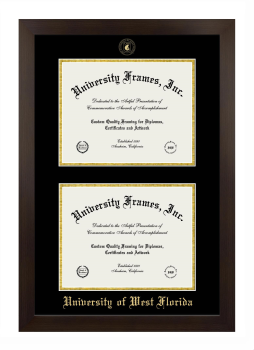 University of West Florida Double Degree (Stacked) Frame in Manhattan Espresso with Black & Gold Mats for document: 8 1/2"h x 11"w  , document: 8 1/2"h x 11"w  