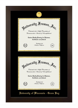 University of Wisconsin - Green Bay Double Degree (Stacked) Frame in Manhattan Espresso with Black & Gold Mats for document: 8 1/2"h x 11"w  , document: 8 1/2"h x 11"w  