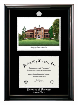 University of Wisconsin - Stevens Point Double Opening with Campus Image (Stacked) Frame in Classic Ebony with Silver Trim with Black & Silver Mats for  8"h x 10"w  