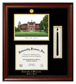 University of Wisconsin - Stevens Point Double Opening with Campus Image & Tassel Box (Stacked) Frame in Avalon Mahogany with Black & Gold Mats for  8"h x 10"w  