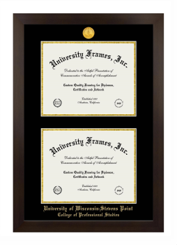 University of Wisconsin - Stevens Point College of Professional Studies Double Degree (Stacked) Frame in Manhattan Espresso with Black & Gold Mats for document: 8 1/2"h x 11"w  , document: 8 1/2"h x 11"w  