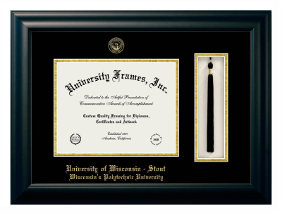 University of Wisconsin - Stout Wisconsin's Polytechnic University Diploma with Tassel Box Frame in Satin Black with Black & Gold Mats for document: 8 1/2"h x 11"w  