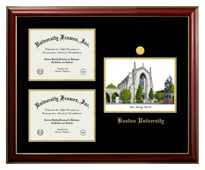 Boston University Triple Opening with Campus Image Frame in Classic Mahogany with Gold Trim with Black & Gold Mats for DOCUMENT: 8 1/2"H X 11"W  , DOCUMENT: 8 1/2"H X 11"W  