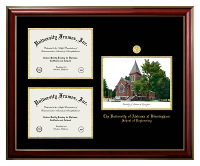 University of Alabama at Birmingham School of Engineering Triple Opening with Campus Image Frame in Classic Mahogany with Gold Trim with Black & Gold Mats for document: 8 1/2"h x 11"w  , document: 8 1/2"h x 11"w  