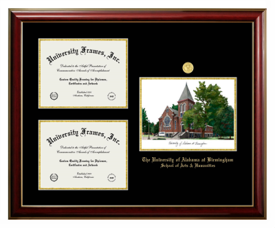 University of Alabama at Birmingham School of Arts & Humanities Triple Opening with Campus Image Frame in Classic Mahogany with Gold Trim with Black & Gold Mats for document: 8 1/2"h x 11"w  , document: 8 1/2"h x 11"w  