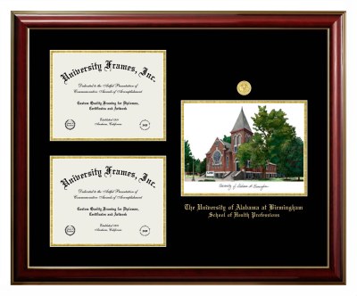 University of Alabama at Birmingham School of Health Professions Triple Opening with Campus Image Frame in Classic Mahogany with Gold Trim with Black & Gold Mats for document: 8 1/2"h x 11"w  , document: 8 1/2"h x 11"w  