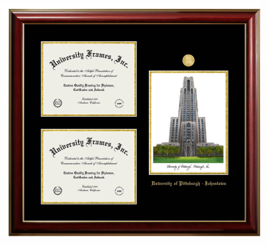 University of Pittsburgh - Johnstown Triple Opening with Campus Image Frame in Classic Mahogany with Gold Trim with Black & Gold Mats for document: 8 1/2"h x 11"w  , document: 8 1/2"h x 11"w  