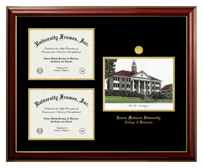 James Madison University College of Business Triple Opening with Campus Image Frame in Classic Mahogany with Gold Trim with Black & Gold Mats for document: 8 1/2"h x 11"w  , document: 8 1/2"h x 11"w  