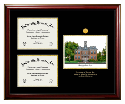 University of Nevada Reno College of Agriculture, Biotechnology and Natural Resources Triple Opening with Campus Image Frame in Classic Mahogany with Gold Trim with Black & Gold Mats for document: 8 1/2"h x 11"w  , document: 8 1/2"h x 11"w  