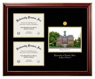 University of Nevada Reno College of Science Triple Opening with Campus Image Frame in Classic Mahogany with Gold Trim with Black & Gold Mats for document: 8 1/2"h x 11"w  , document: 8 1/2"h x 11"w  