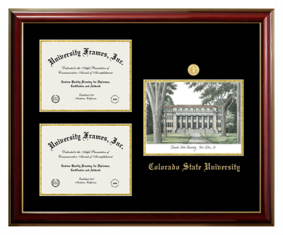 Colorado State University Triple Opening with Campus Image Frame in Classic Mahogany with Gold Trim with Black & Gold Mats for DOCUMENT: 8 1/2"H X 11"W  , DOCUMENT: 8 1/2"H X 11"W  