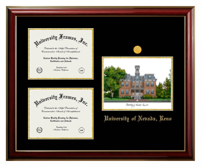 University of Nevada Reno Triple Opening with Campus Image Frame in Classic Mahogany with Gold Trim with Black & Gold Mats for document: 8 1/2"h x 11"w  , document: 8 1/2"h x 11"w  