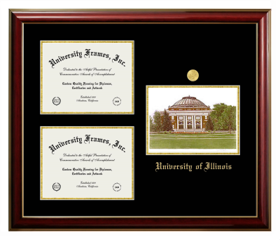 University of Illinois Triple Opening with Campus Image Frame in Classic Mahogany with Gold Trim with Black & Gold Mats for DOCUMENT: 8 1/2"H X 11"W  , DOCUMENT: 8 1/2"H X 11"W  