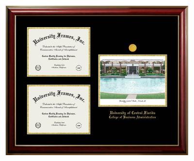 University of Central Florida College of Business Administration Triple Opening with Campus Image Frame in Classic Mahogany with Gold Trim with Black & Gold Mats for document: 8 1/2"h x 11"w  , document: 8 1/2"h x 11"w  