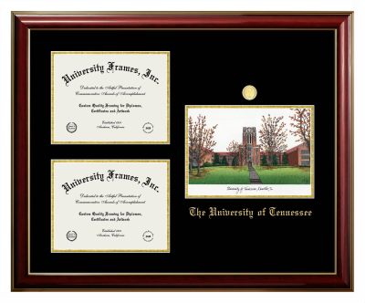 University of Tennessee Triple Opening with Campus Image Frame in Classic Mahogany with Gold Trim with Black & Gold Mats for DOCUMENT: 8 1/2"H X 11"W  , DOCUMENT: 8 1/2"H X 11"W  