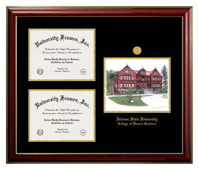 Arizona State University College of Human Services Triple Opening with Campus Image Frame in Classic Mahogany with Gold Trim with Black & Gold Mats for DOCUMENT: 8 1/2"H X 11"W  , DOCUMENT: 8 1/2"H X 11"W  