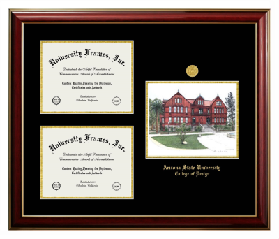 Arizona State University College of Design Triple Opening with Campus Image Frame in Classic Mahogany with Gold Trim with Black & Gold Mats for DOCUMENT: 8 1/2"H X 11"W  , DOCUMENT: 8 1/2"H X 11"W  